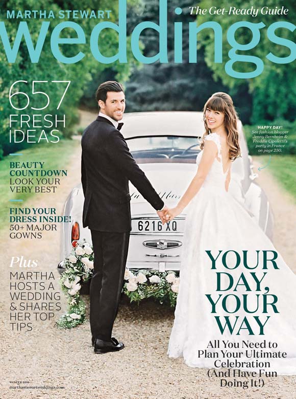 Martha Stewart Weddings magazine cover, winter 2016, titled "Your Day, Your Way - all you need to plan your ultimate celebration, and have fun doing it!" The cover features a bride and groom holding hands in front of a white beetle wedding car.