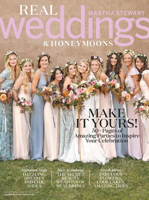 Martha Stewart Weddings magazine cover, fall 2015, titled "Make it yours! 50+ pages of amazing parties to inspire your celebration." The cover features a bridesmaids in blue and pink pastels wearing flower crowns and holding multicolor, wildflower bouquets.
