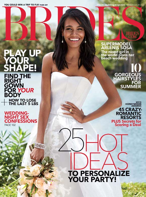Brides magazine cover, July 2015, titled "Play up your shape! Find the right gown for your body." The cover features a bride with a darker complexion smiling, holding a bouquet of peonies in front of the water in a strapless sweetheart dress.