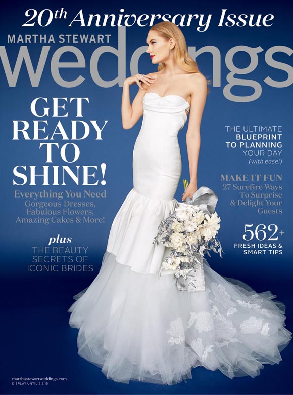 Martha Stewart Weddings magazine cover, winter 2016, titled "the 20th anniversary issue - get ready to shine," featuring a bride in a white mermaid wedding dress with tulle skirt on a dark blue background.