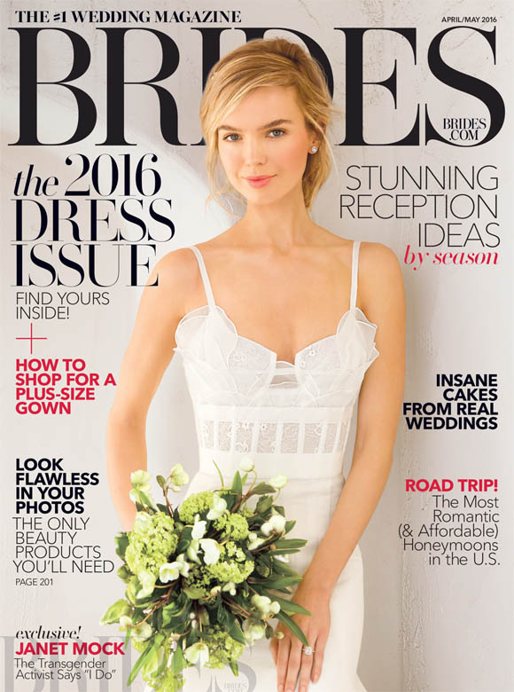 Brides Magazine cover from April, 2016, featuring a bride holding a green bouquet in a corset lace bodice dress. The magazine reads, "the 2016 Dress Issue - find yours inside."