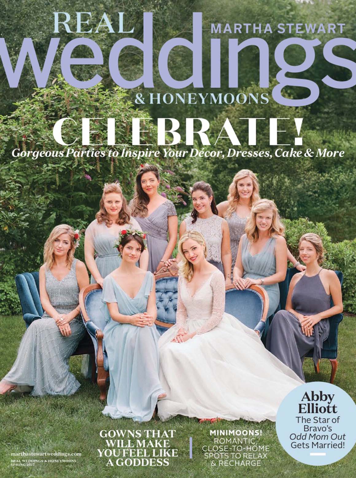 Cover of Martha Stewart Weddings spring 2017 titled "Celebrate! Gorgeous parties to inspire your decor, dresses, cake and more." The cover features a bride and eight bridesmaids in tones of blue and light purple posed outside on blue velvet antique furniture with a garden backdrop.