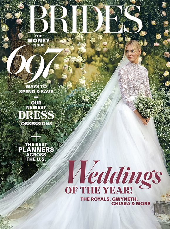 Brides magazine cover titled "Wedding of the Year! The Royals, Gwyneth, Chiara, and more!" The cover featured a bride wearing a long sleeve white lace bodice with flowy tule skirt behind a garden backdrop featuring hanging white floral vines.